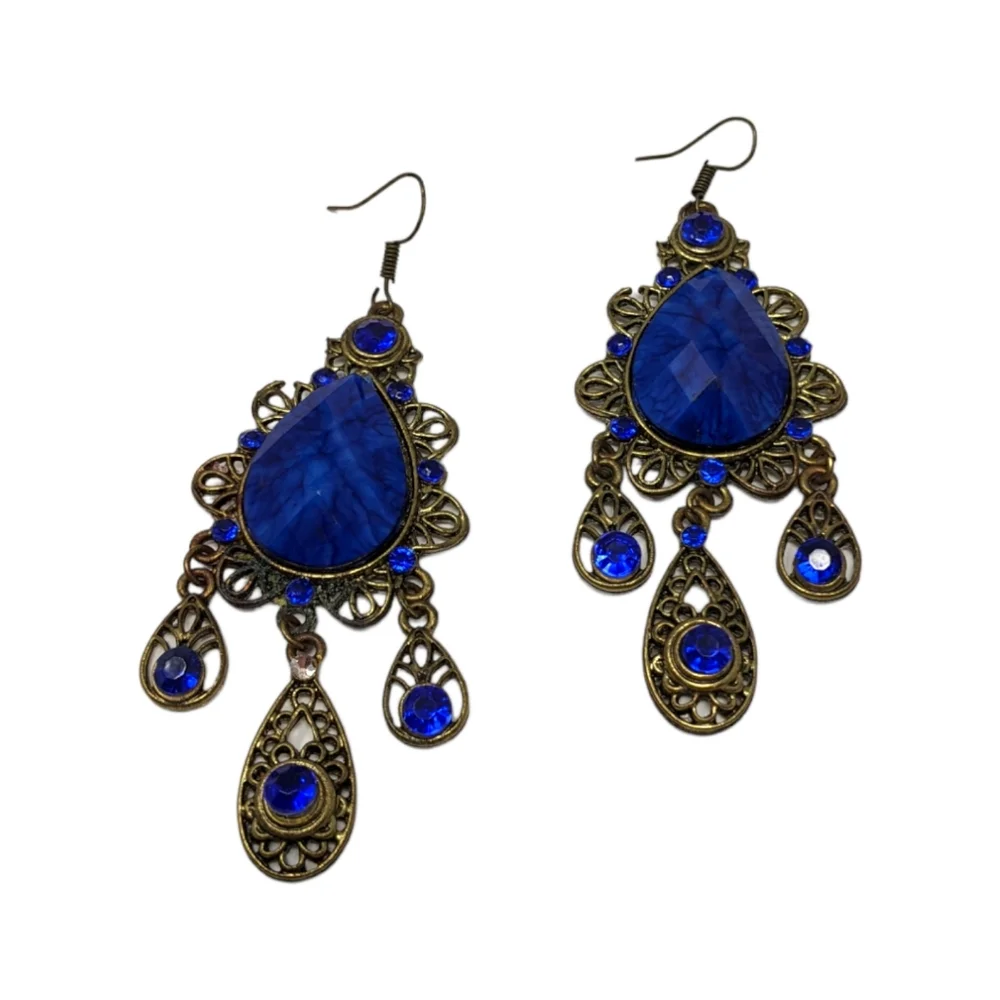 Colbalt Blue Dangle Earrings Filagree Ornate Boho Romantic